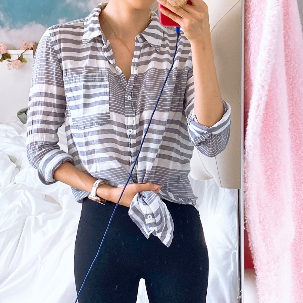 Light Grey Striped Blouse Shirt Thin Collared - Picture 2 of 10